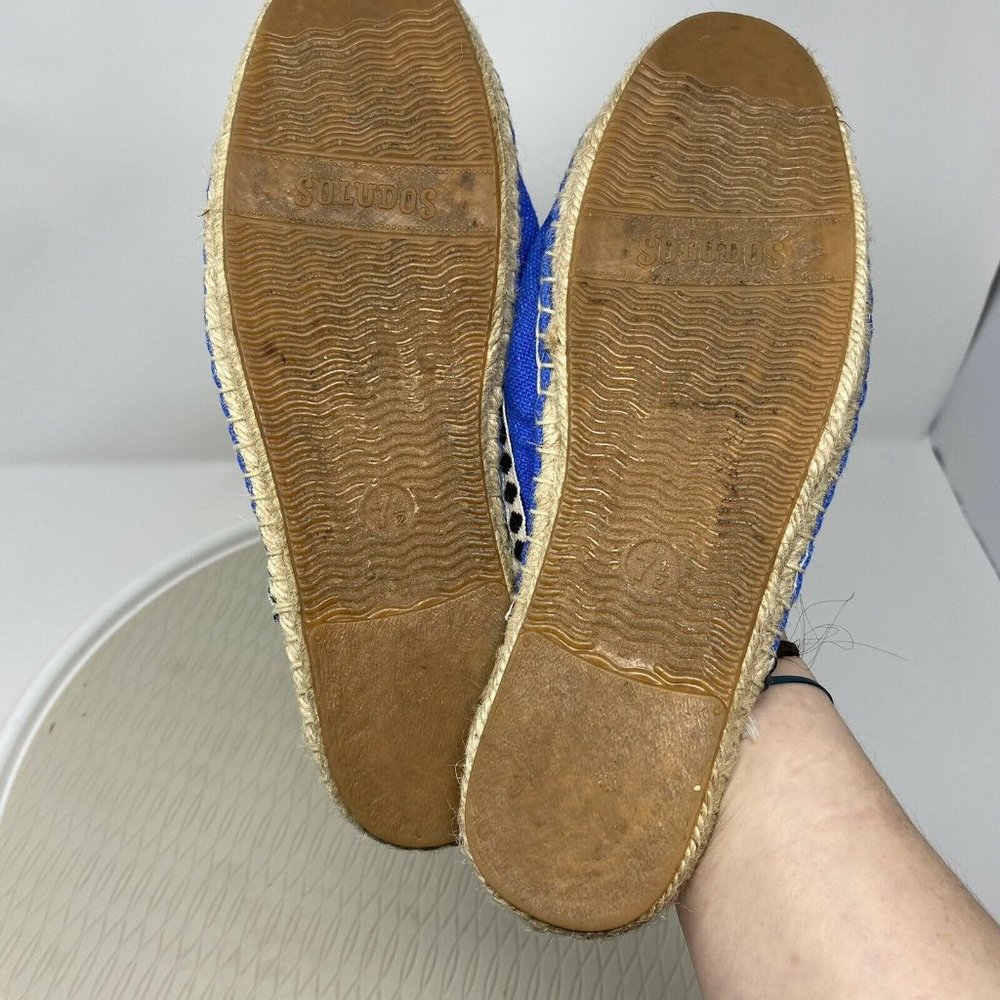 Soludos Slip On Shoes 7.5 Pom Pom Mule Blue Frayed Embellished Canvas Vegan - Picture 10 of 10